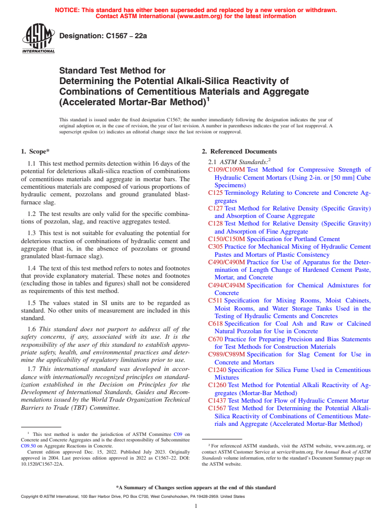 ASTM C1567-22a - Standard Test Method for  Determining the Potential Alkali-Silica Reactivity of Combinations   of Cementitious Materials and Aggregate (Accelerated Mortar-Bar Method)