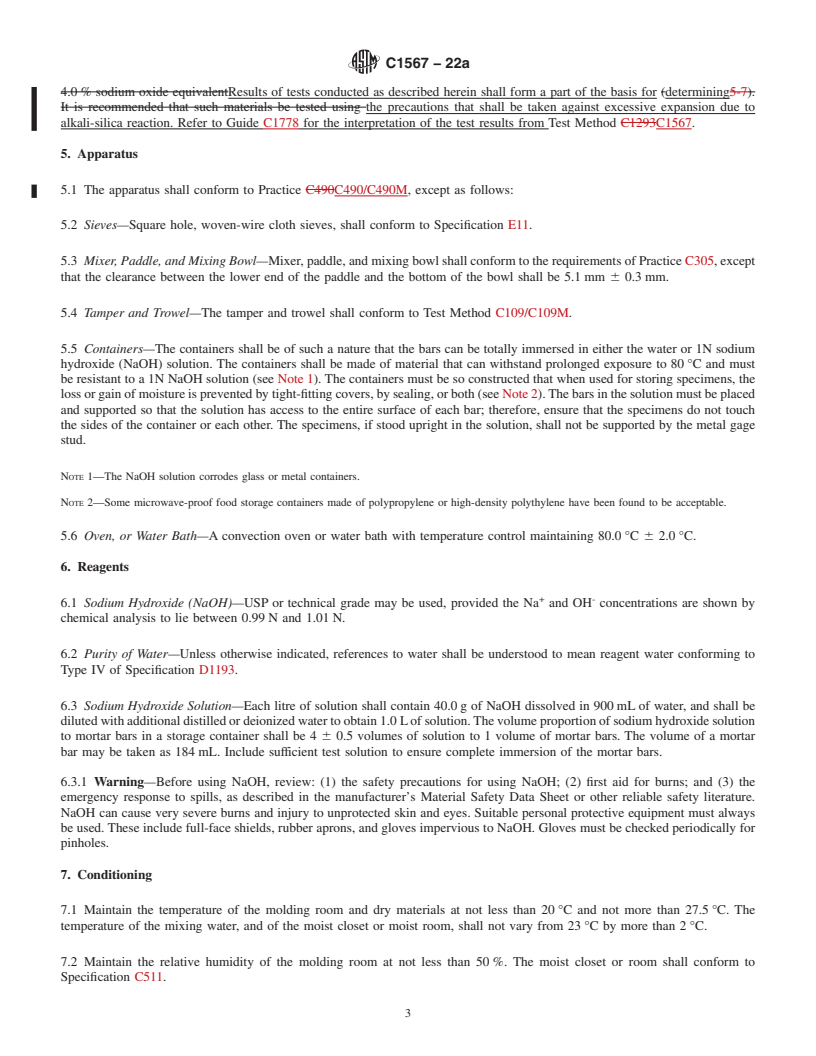 REDLINE ASTM C1567-22a - Standard Test Method for  Determining the Potential Alkali-Silica Reactivity of Combinations   of Cementitious Materials and Aggregate (Accelerated Mortar-Bar Method)