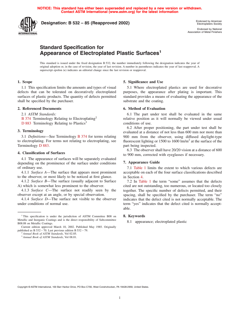 ASTM B532-85(2002) - Standard Specification for Appearance of Electroplated Plastic Surfaces