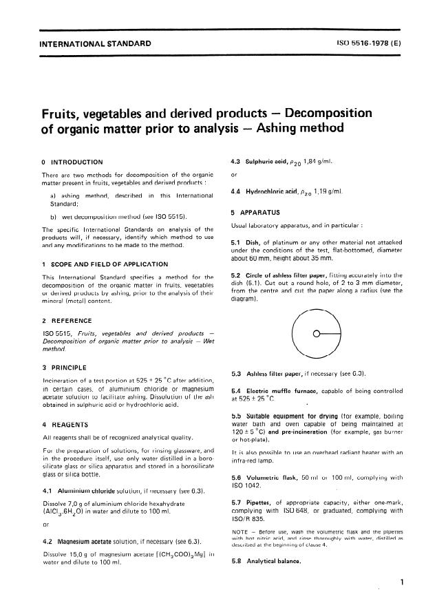 ISO 5516:1978 - Fruits, vegetables and derived products -- Decomposition of organic matter prior to analysis -- Ashing method