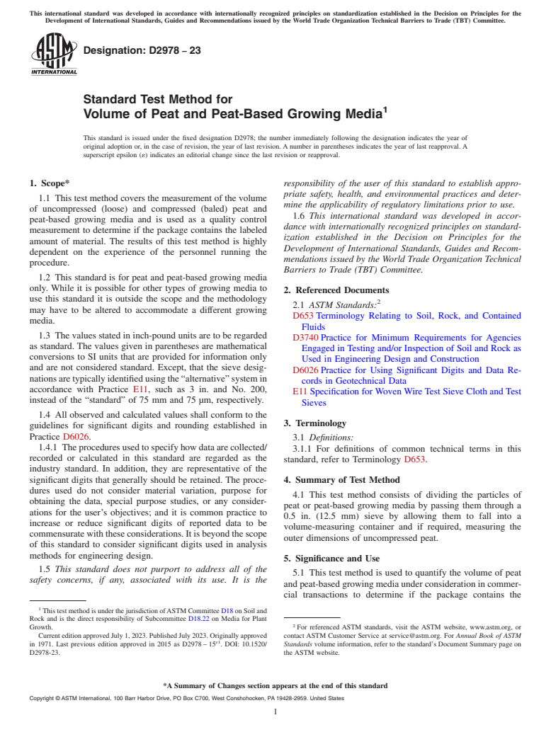 ASTM D2978-23 - Standard Test Method for Volume of Peat and Peat-Based Growing Media