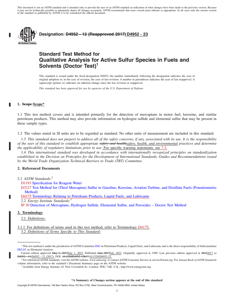 REDLINE ASTM D4952-23 - Standard Test Method for  Qualitative Analysis for Active Sulfur Species in Fuels and  Solvents (Doctor Test)