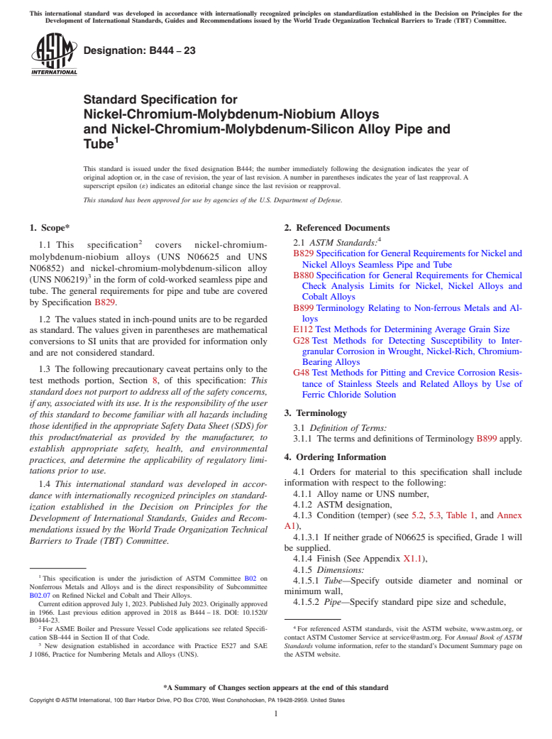 ASTM B444-23 - Standard Specification for Nickel-Chromium-Molybdenum-Niobium Alloys<brk/> and Nickel-Chromium-Molybdenum-Silicon  Alloy Pipe and Tube