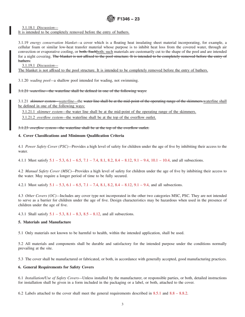 REDLINE ASTM F1346-23 - Standard Performance Specification for  Safety Covers and Labeling Requirements for All Covers for  Swimming Pools, Spas and Hot Tubs