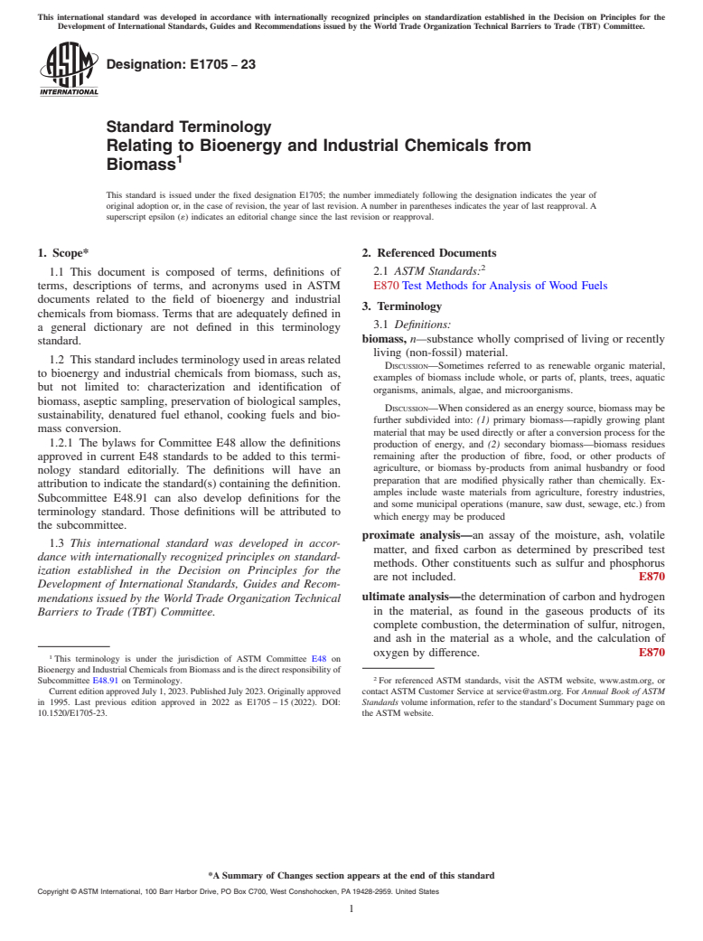 ASTM E1705-23 - Standard Terminology  Relating to Bioenergy and Industrial Chemicals from Biomass