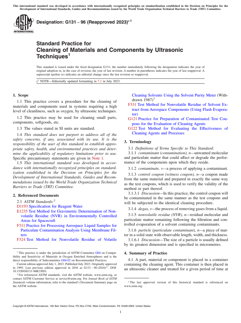 ASTM G131-96(2023)e1 - Standard Practice for  Cleaning of Materials and Components by Ultrasonic Techniques