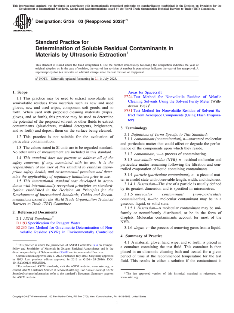 ASTM G136-03(2023)e1 - Standard Practice for  Determination of Soluble Residual Contaminants in Materials  by Ultrasonic Extraction