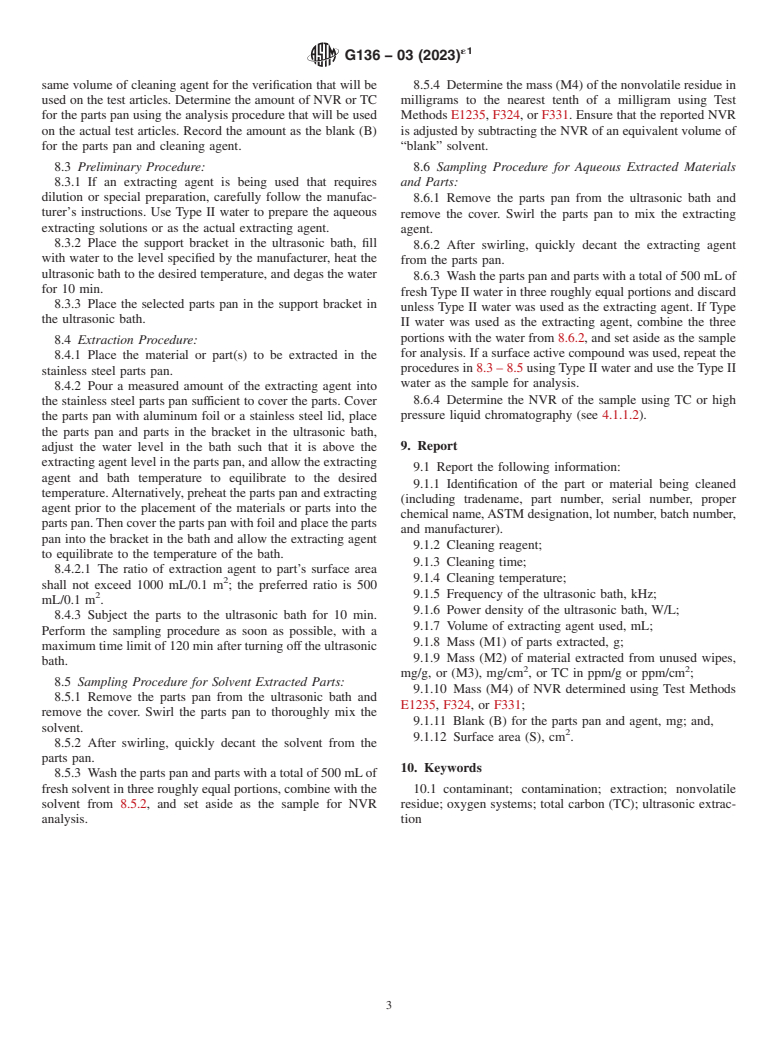 ASTM G136-03(2023)e1 - Standard Practice for  Determination of Soluble Residual Contaminants in Materials  by Ultrasonic Extraction