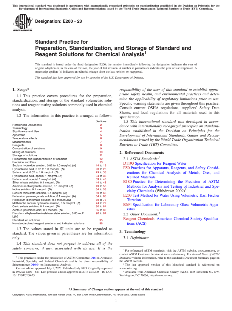 ASTM E200-23 - Standard Practice for Preparation, Standardization, and Storage of Standard and Reagent  Solutions for Chemical Analysis