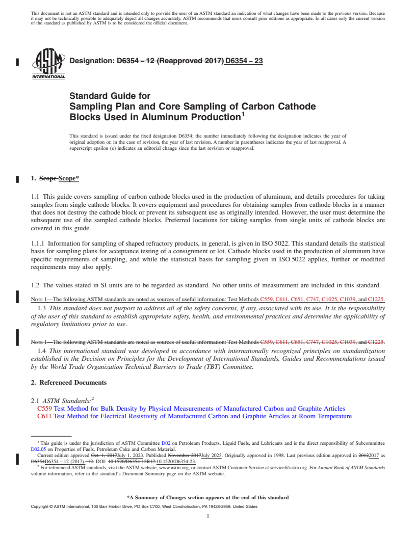 REDLINE ASTM D6354-23 - Standard Guide for Sampling Plan and Core Sampling of Carbon Cathode Blocks Used  in Aluminum Production