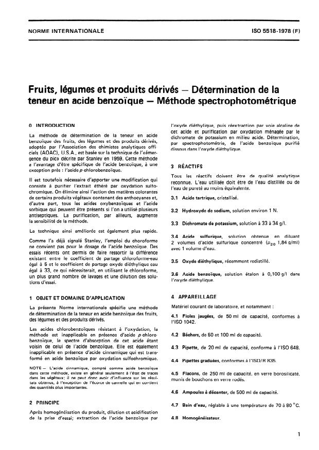 ISO 5518:1978 - Fruits, légumes et produits dérivés -- Détermination de la teneur en acide benzoique -- Méthode spectrophotométrique