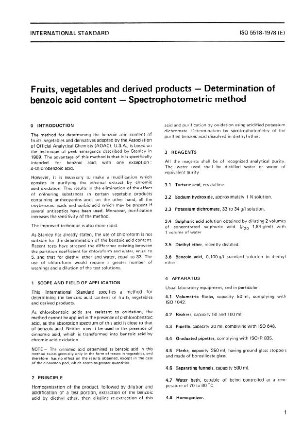 ISO 5518:1978 - Fruits, vegetables and derived products -- Determination of benzoic acid content -- Spectrophotometric method