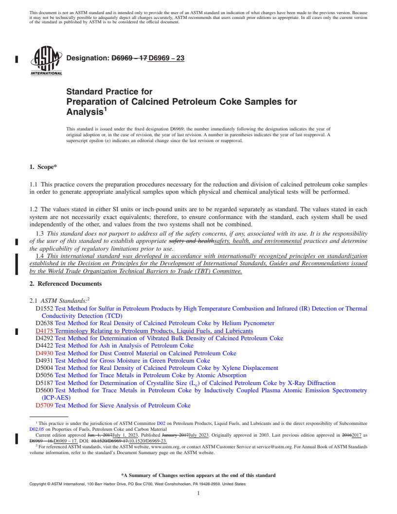 REDLINE ASTM D6969-23 - Standard Practice for  Preparation of Calcined Petroleum Coke Samples for Analysis