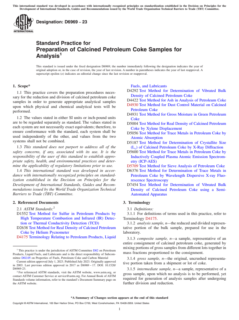 ASTM D6969-23 - Standard Practice for  Preparation of Calcined Petroleum Coke Samples for Analysis