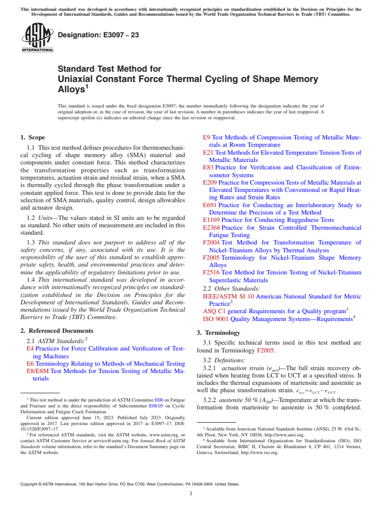 ASTM E3097-23 - Standard Test Method for Uniaxial Constant Force Thermal Cycling of Shape Memory Alloys