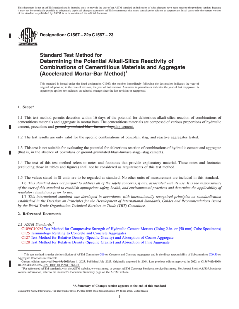 REDLINE ASTM C1567-23 - Standard Test Method for  Determining the Potential Alkali-Silica Reactivity of Combinations   of Cementitious Materials and Aggregate (Accelerated Mortar-Bar Method)