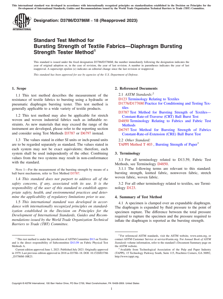 ASTM D3786/D3786M-18(2023) - Standard Test Method for   Bursting Strength of Textile Fabrics—Diaphragm Bursting   Strength Tester Method