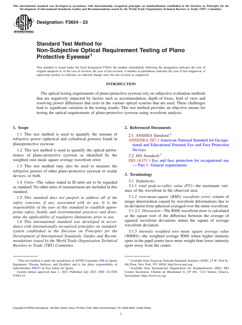 ASTM F3654-23 - Standard Test Method for Non-Subjective Optical Requirement Testing of Plano Protective  Eyewear