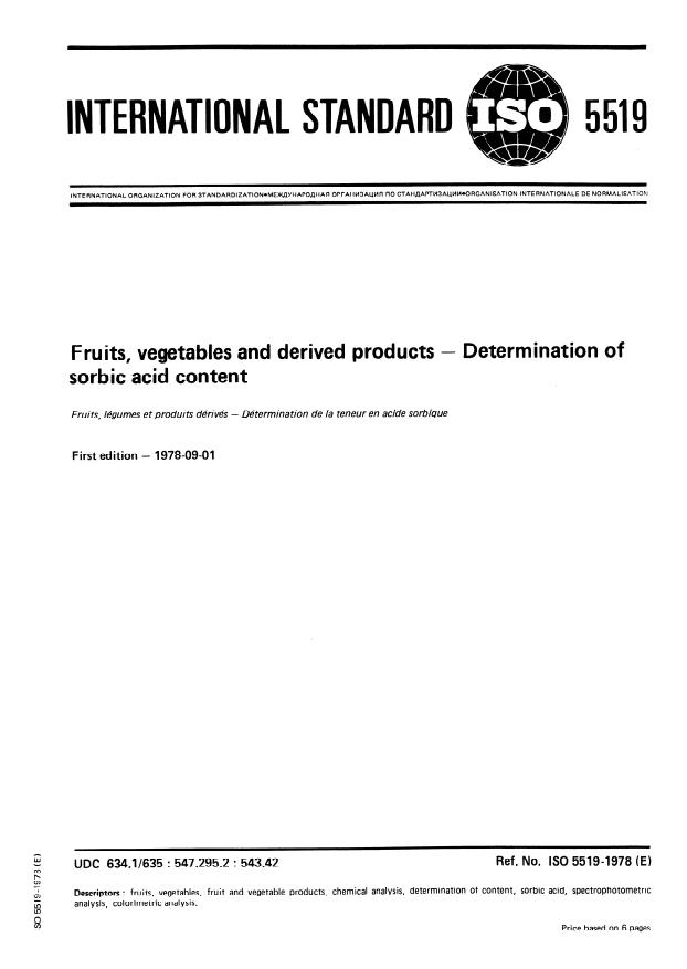 ISO 5519:1978 - Fruits, vegetables and derived products -- Determination of sorbic acid content