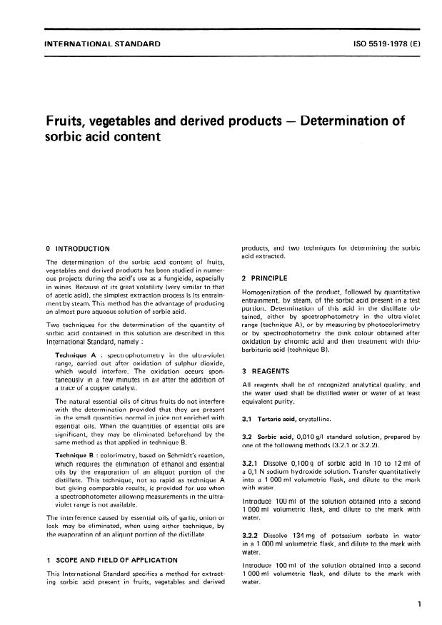 ISO 5519:1978 - Fruits, vegetables and derived products -- Determination of sorbic acid content