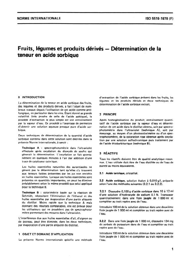ISO 5519:1978 - Fruits, légumes et produits dérivés -- Détermination de la teneur en acide sorbique