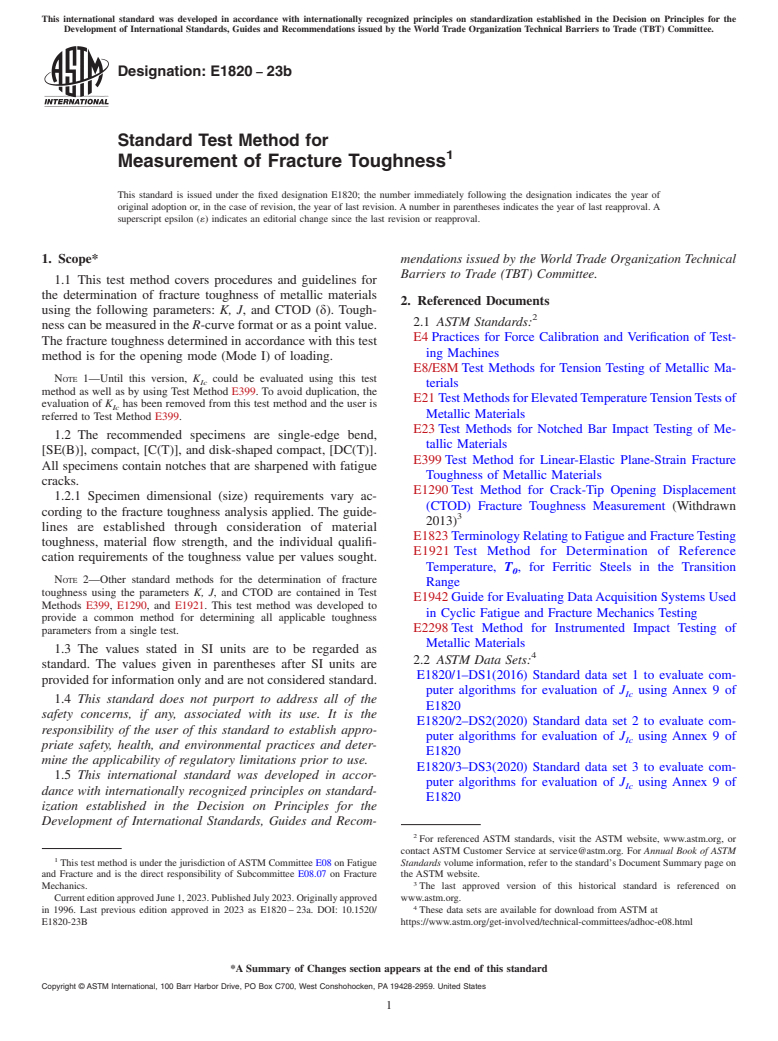ASTM E1820-23b - Standard Test Method for  Measurement of Fracture Toughness