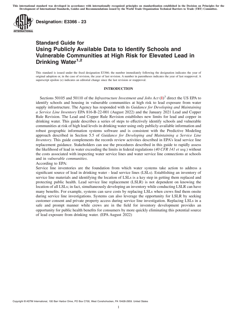 ASTM E3366-23 - Standard Guide for Using Publicly Available Data to Identify Schools and Vulnerable  Communities at High Risk for Elevated Lead in Drinking Water