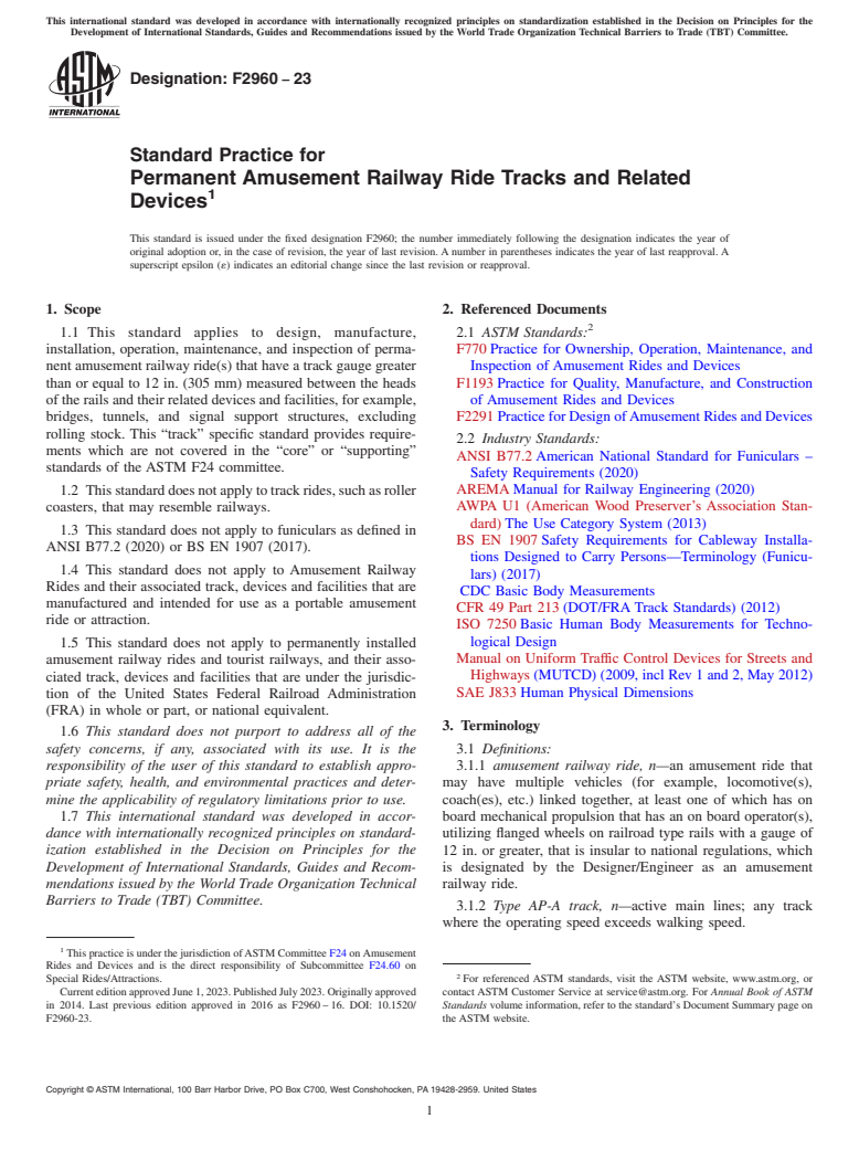 ASTM F2960-23 - Standard Practice for Permanent Amusement Railway Ride Tracks and Related Devices