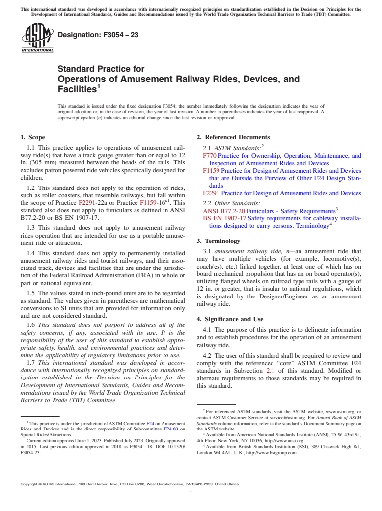 ASTM F3054-23 - Standard Practice for Operations of Amusement Railway Rides, Devices, and Facilities
