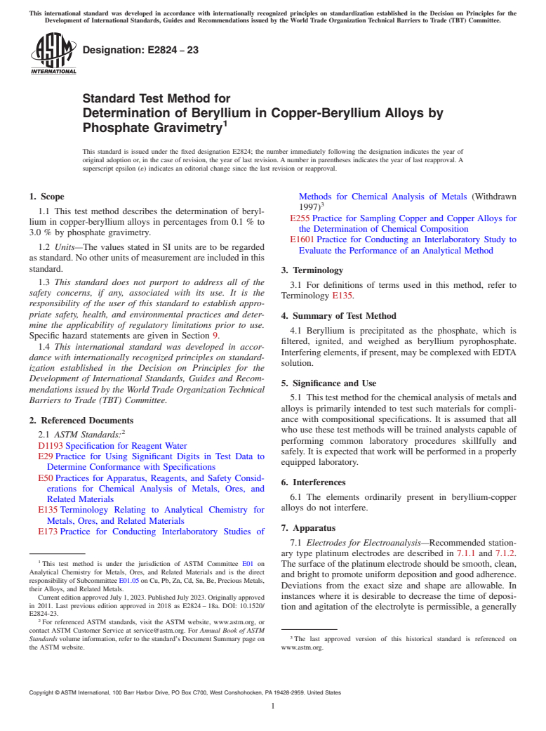 ASTM E2824-23 - Standard Test Method for  Determination of Beryllium in Copper-Beryllium Alloys by Phosphate  Gravimetry