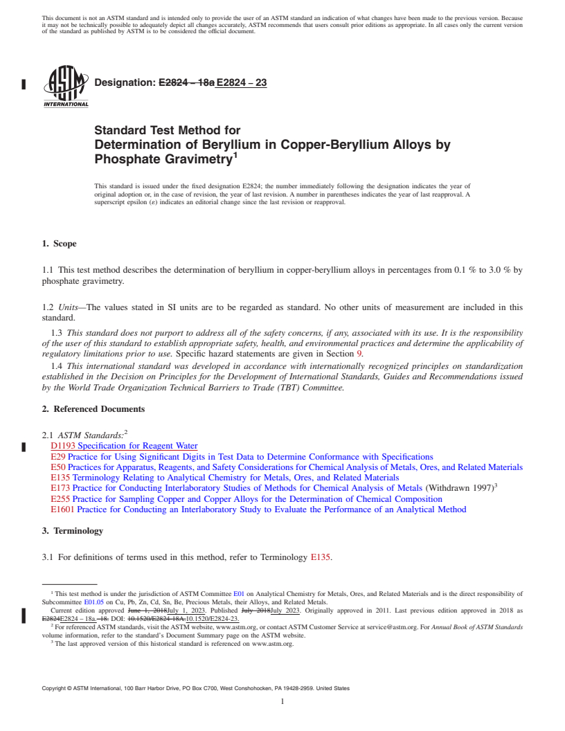 REDLINE ASTM E2824-23 - Standard Test Method for  Determination of Beryllium in Copper-Beryllium Alloys by Phosphate  Gravimetry