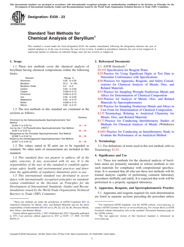 ASTM E439-23 - Standard Test Methods for  Chemical Analysis of Beryllium