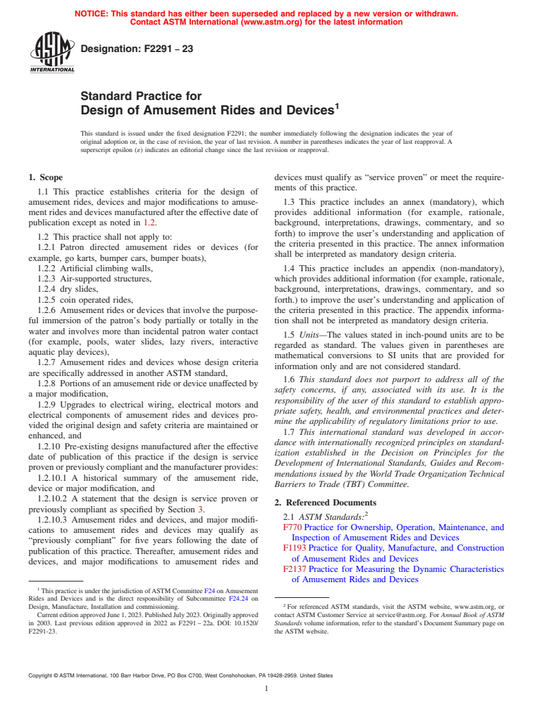 ASTM F2291-23 - Standard Practice for Design of Amusement Rides and Devices