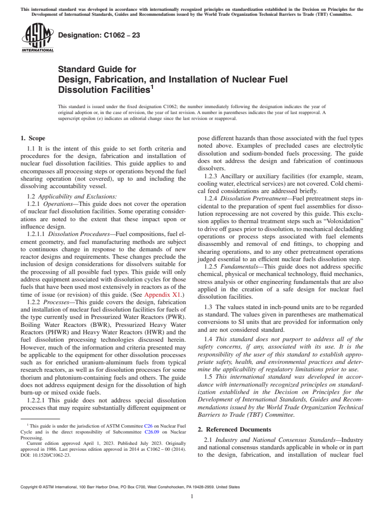 ASTM C1062-23 - Standard Guide for  Design, Fabrication, and Installation of Nuclear Fuel Dissolution  Facilities