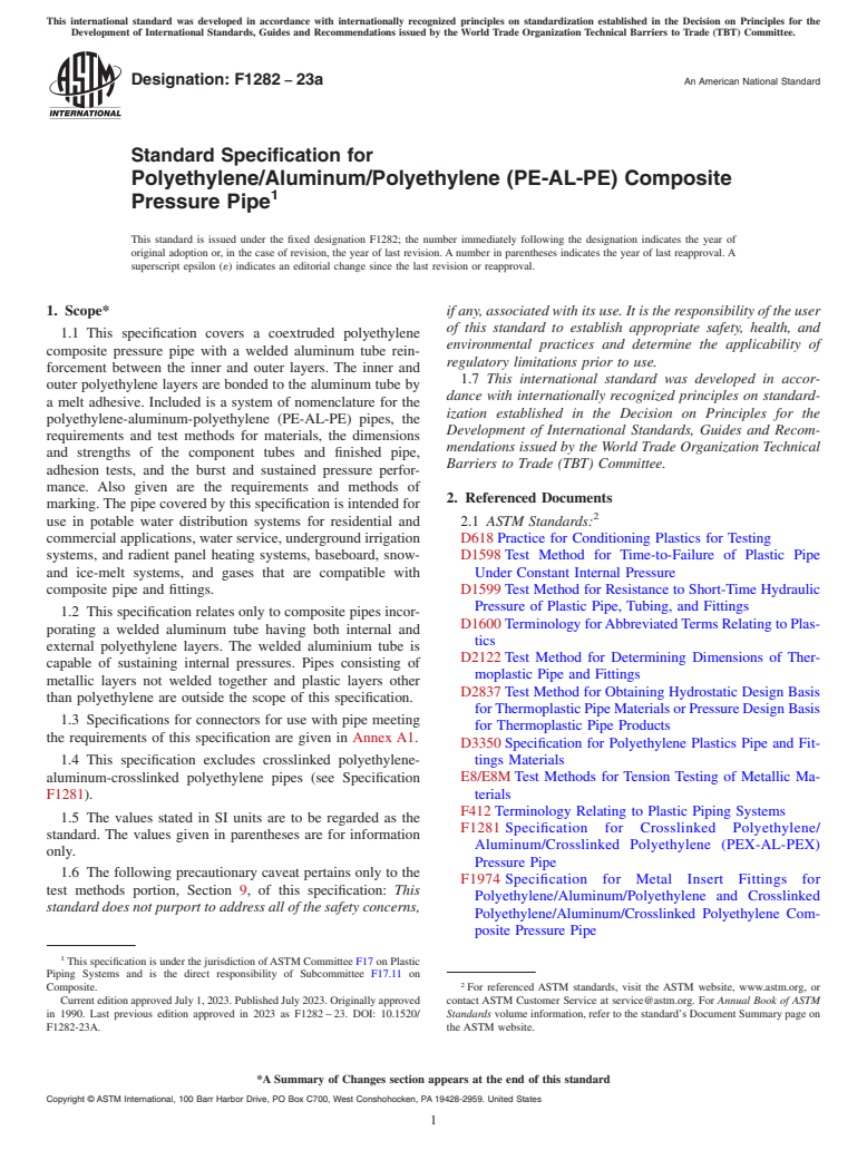 ASTM F1282-23a - Standard Specification for  Polyethylene/Aluminum/Polyethylene (PE-AL-PE) Composite Pressure   Pipe
