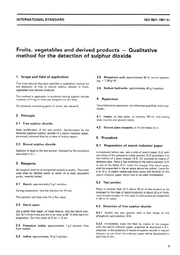 ISO 5521:1981 - Fruits, vegetables and derived products -- Qualitative method for the detection of sulphur dioxide