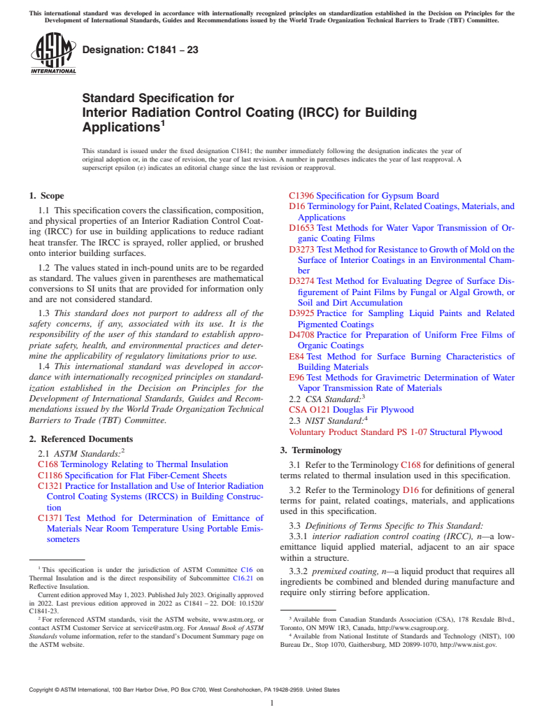 ASTM C1841-23 - Standard Specification for Interior Radiation Control Coating (IRCC) for Building Applications