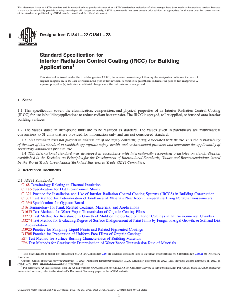 REDLINE ASTM C1841-23 - Standard Specification for Interior Radiation Control Coating (IRCC) for Building Applications