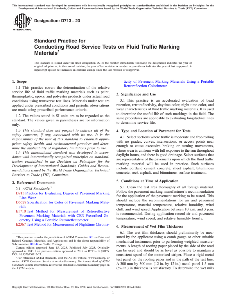 ASTM D713-23 - Standard Practice for Conducting Road Service Tests on Fluid Traffic Marking Materials
