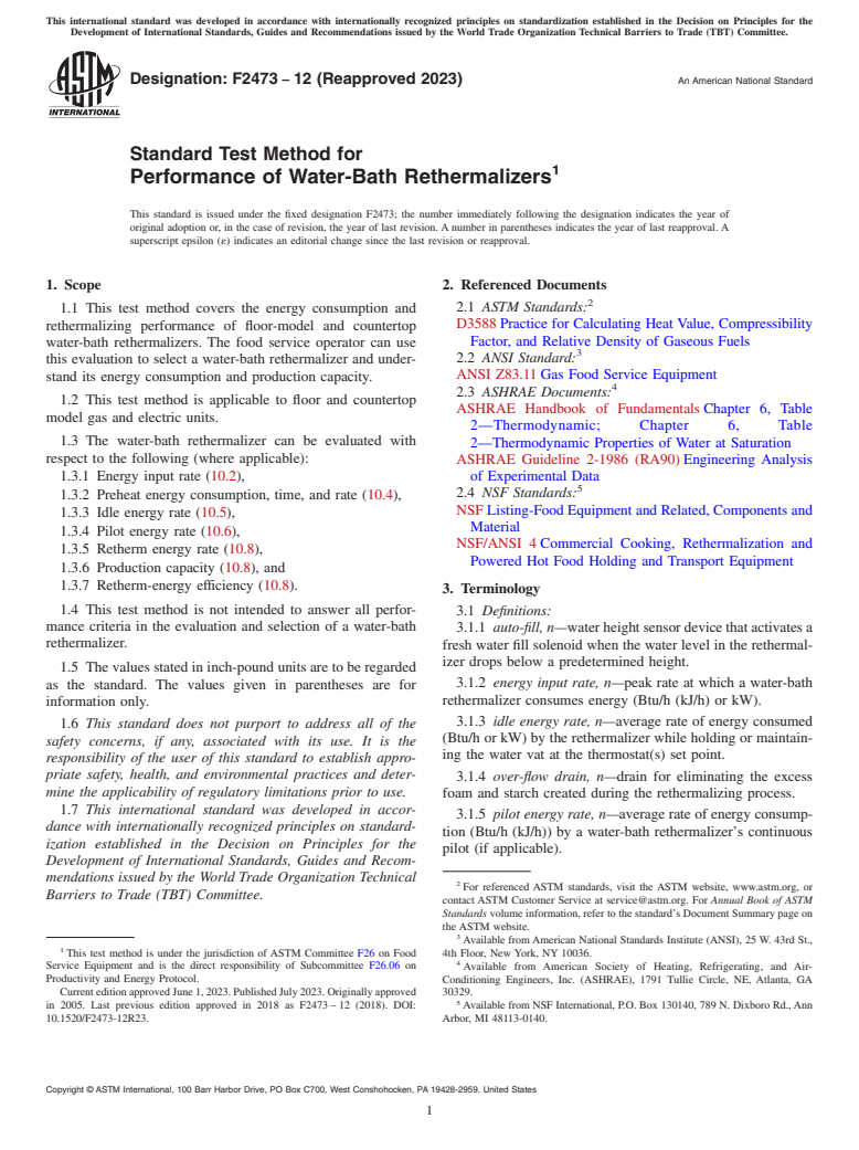 ASTM F2473-12(2023) - Standard Test Method for Performance of Water-Bath Rethermalizers