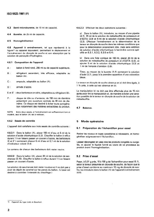 ISO 5522:1981 ISO 5522:1981 - Fruits, légumes et produits dérivés -- Détermination de la teneur en dioxyde de soufre total - Page 4 preview