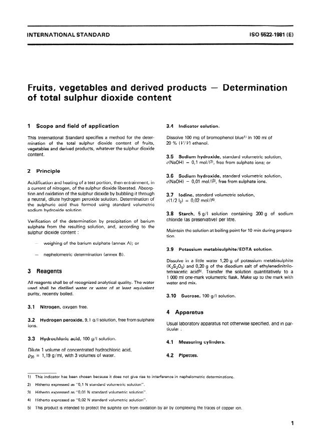 ISO 5522:1981 - Fruits, vegetables and derived products -- Determination of total sulphur dioxide content