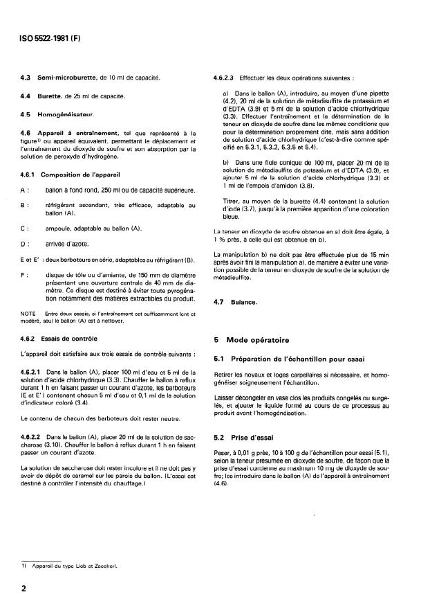 ISO 5522:1981 ISO 5522:1981 - Fruits, légumes et produits dérivés -- Détermination de la teneur en dioxyde de soufre total - Page 4 preview