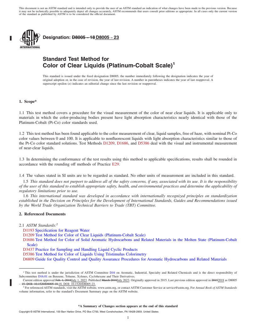 REDLINE ASTM D8005-23 - Standard Test Method for Color of Clear Liquids (Platinum-Cobalt Scale)