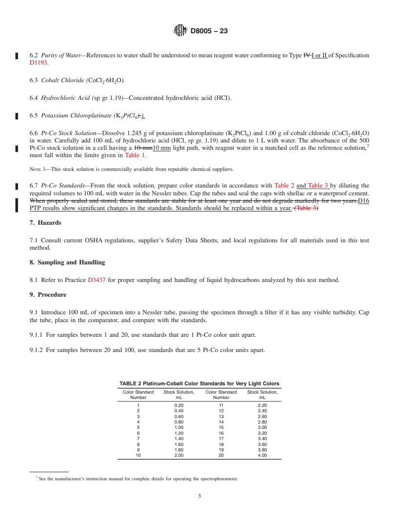 REDLINE ASTM D8005-23 - Standard Test Method for Color of Clear Liquids (Platinum-Cobalt Scale)