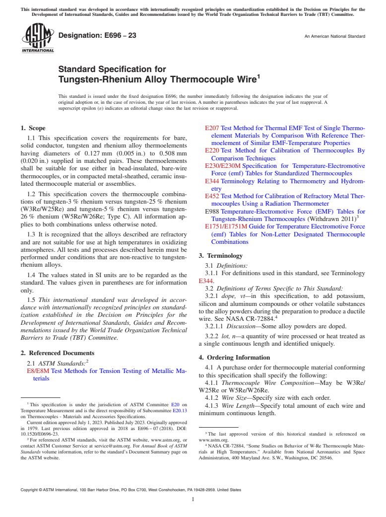ASTM E696-23 - Standard Specification for  Tungsten-Rhenium Alloy Thermocouple Wire