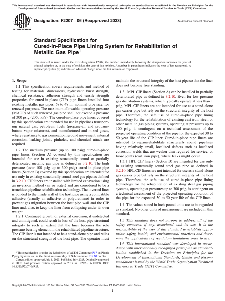 ASTM F2207-06(2023) - Standard Specification for Cured-in-Place Pipe Lining System for Rehabilitation of Metallic   Gas Pipe