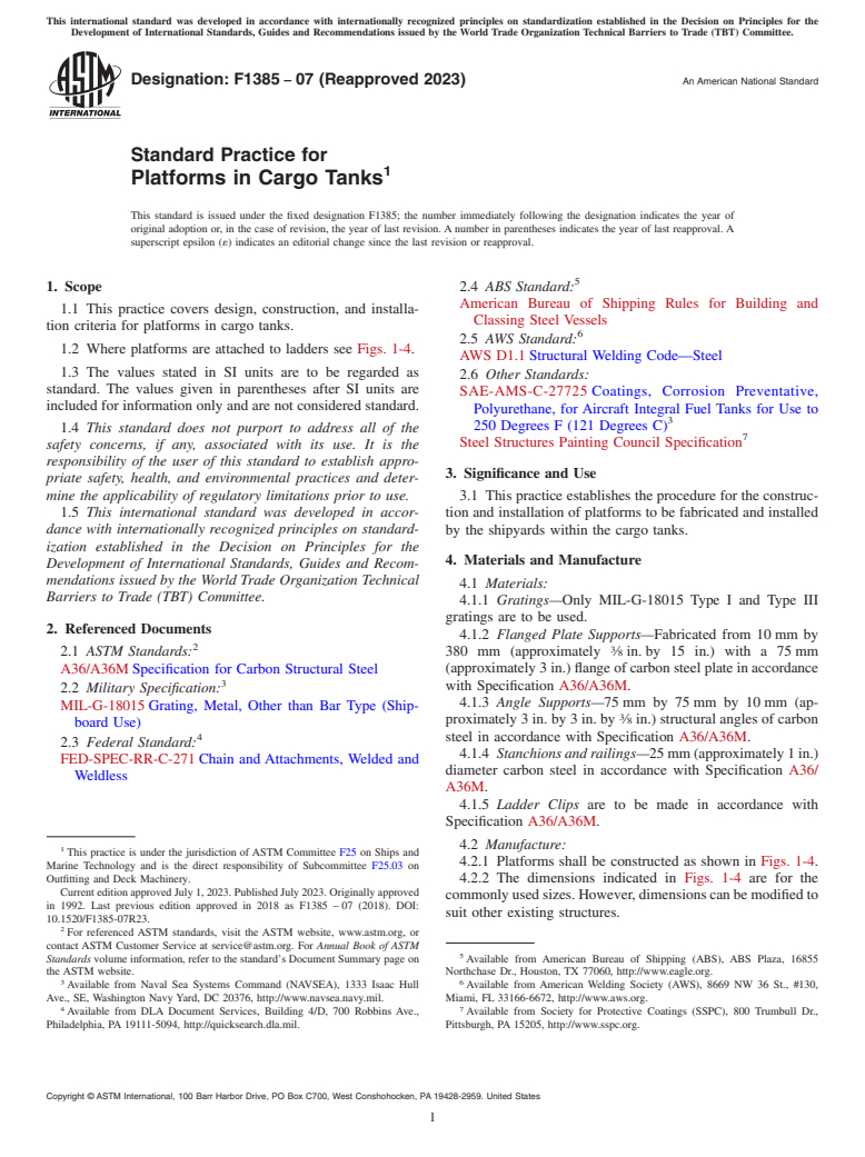 ASTM F1385-07(2023) - Standard Practice for  Platforms in Cargo Tanks