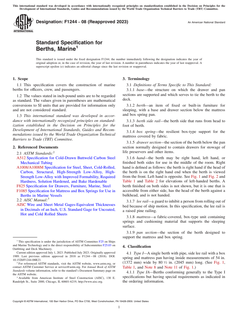 ASTM F1244-08(2023) - Standard Specification for   Berths, Marine