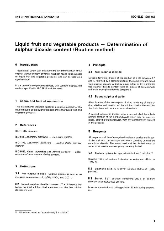 ISO 5523:1981 - Liquid fruit and vegetable products -- Determination of sulphur dioxide content (Routine method)